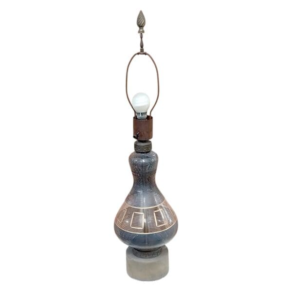 Glass MCM Lamp with Gray Stripes, Gold Painted Accents, andBrass or Copper Base