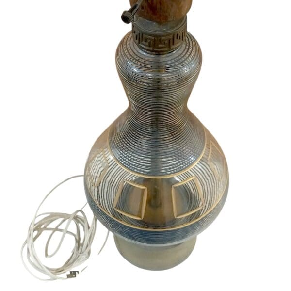 Glass MCM Lamp with Gray Stripes, Gold Painted Accents, andBrass or Copper Base - Image 6