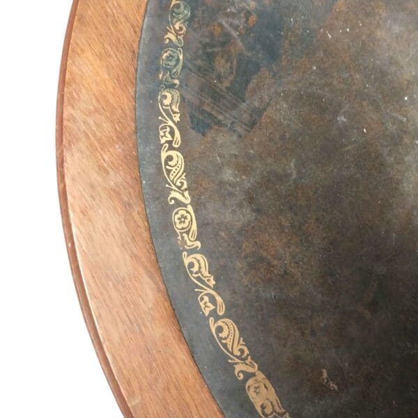 Vintage Round Wood Table with Leather Top, Metal Castors - Image 2