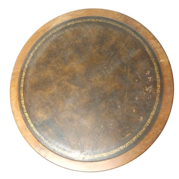 Vintage Round Wood Table with Leather Top, Metal Castors - Image 6