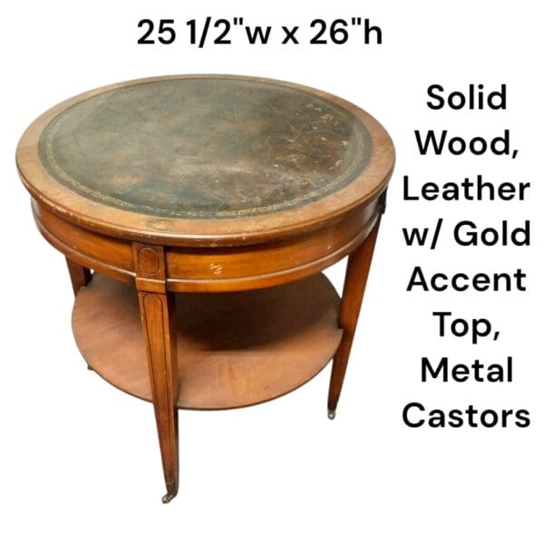 Vintage Round Wood Table with Leather Top, Metal Castors - Image 7