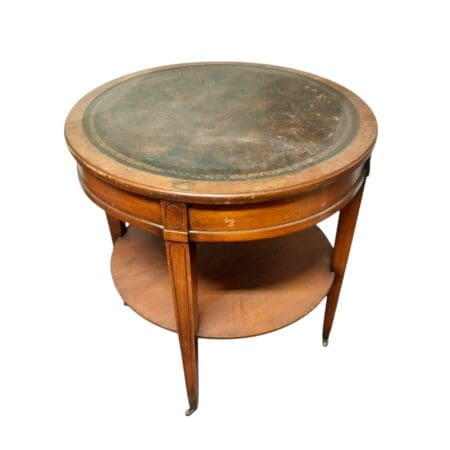 Vintage Round Wood Table with Leather Top, Metal Castors