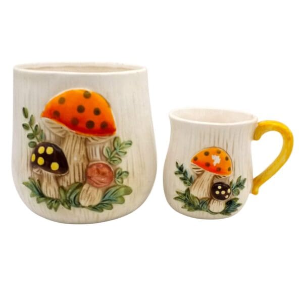 Vintage 1970s Merry Mushroom Mug, Canister (No Lid), both As-Is