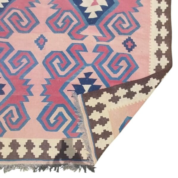 Vintage Wool or Cotton Rug with Fringe, Mexican / Southwestern Motifs, 77"x103" - Image 4