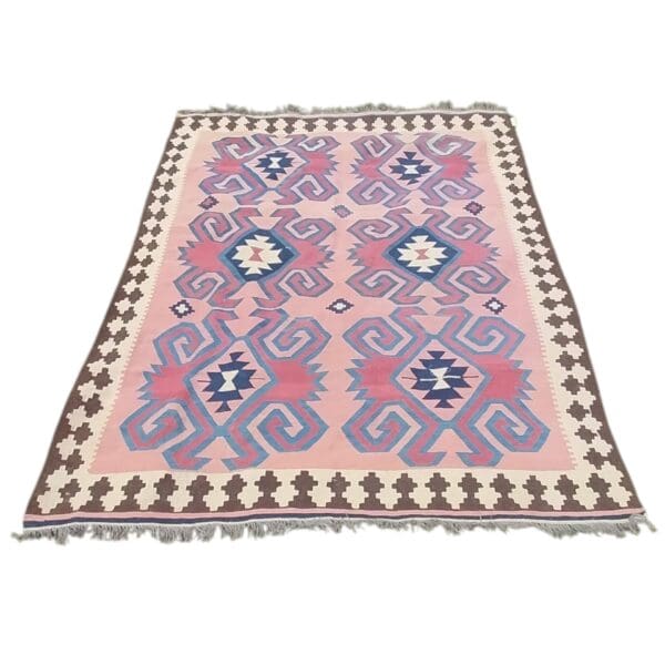 Vintage Wool or Cotton Rug with Fringe, Mexican / Southwestern Motifs, 77"x103" - Image 3