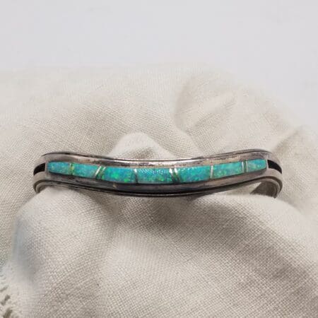 Vintage Native American Inlay Cuff - Sterling Silver & Blue Green Cultured Opal Design