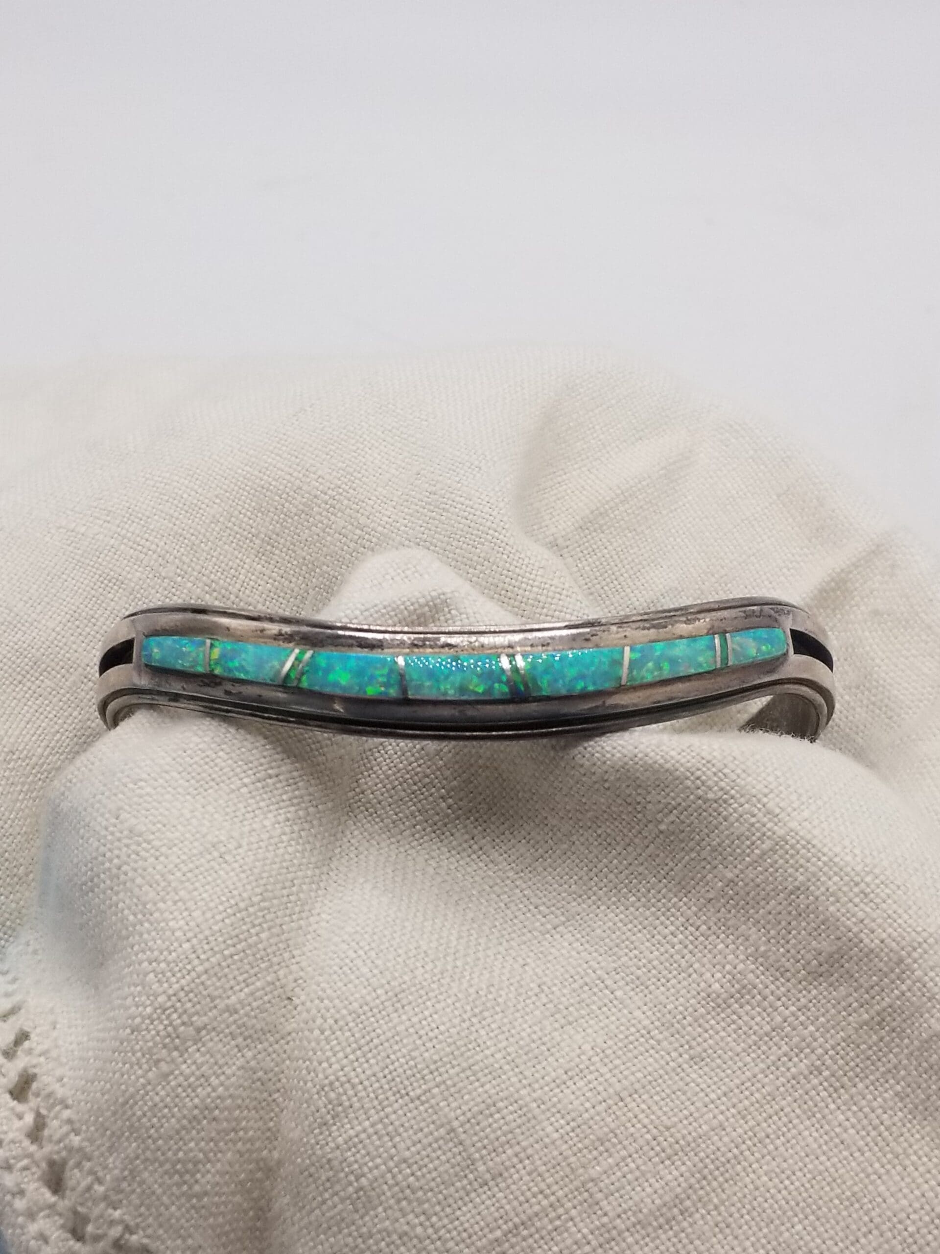 Vintage Native American Inlay Cuff - Sterling Silver & Blue Green Cultured Opal Design