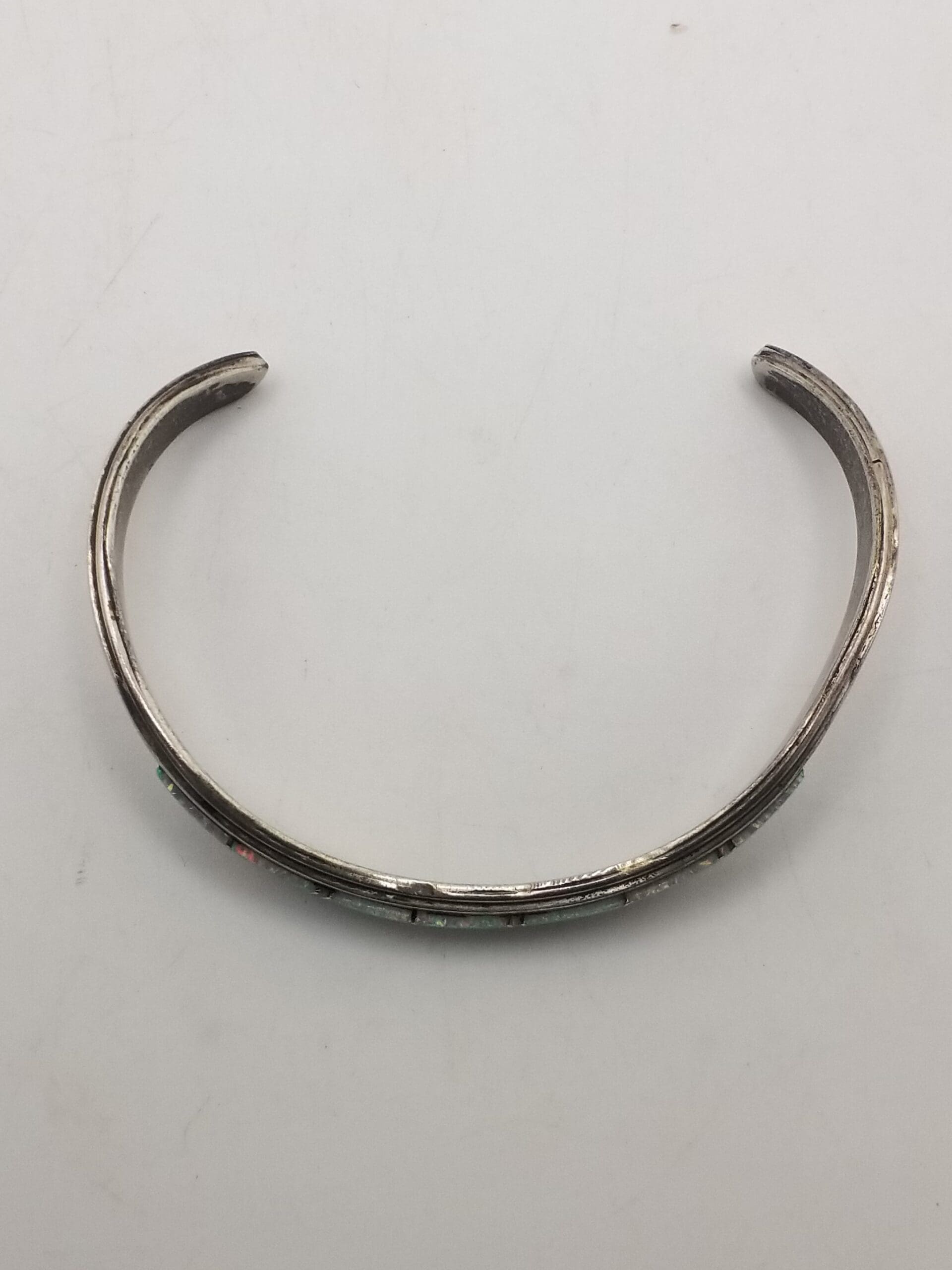 Vintage Native American Inlay Cuff - Sterling Silver & Blue Green Cultured Opal Design - Image 4