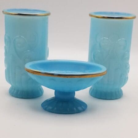 Vintage 3 Piece Set Avon Bristol Blue Opalescent Milk Glass Bath / Vanity - 2 Tumblers, 1 Footed Soap Dish