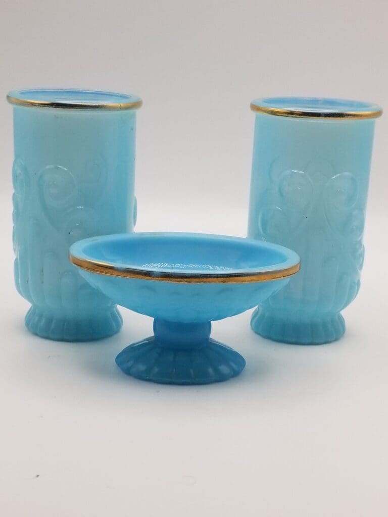 Vintage 3 Piece Set Avon Bristol Blue Opalescent Milk Glass Bath / Vanity - 2 Tumblers, 1 Footed Soap Dish