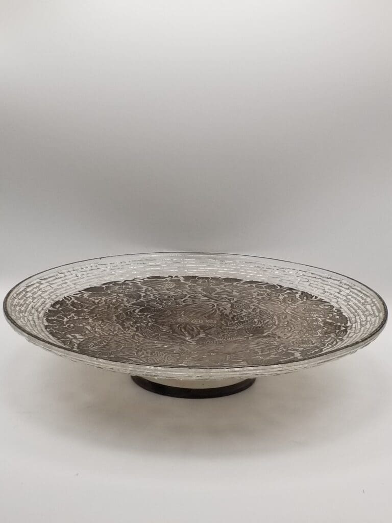 MCM Georges Briard Silver on Clear Glass Cake Plate / Serving Platter - Floral Pattern - As-Is