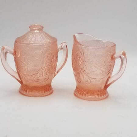 Vintage Tiara / Indiana Glass Peach (Pink) Creamer and Lidded Sugar Bowl Set, "Sandwich" Pattern