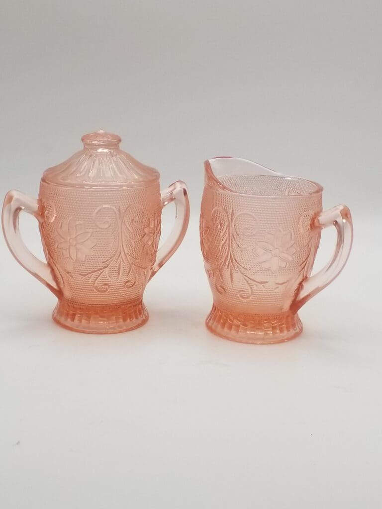 Vintage Tiara / Indiana Glass Peach (Pink) Creamer and Lidded Sugar Bowl Set, "Sandwich" Pattern