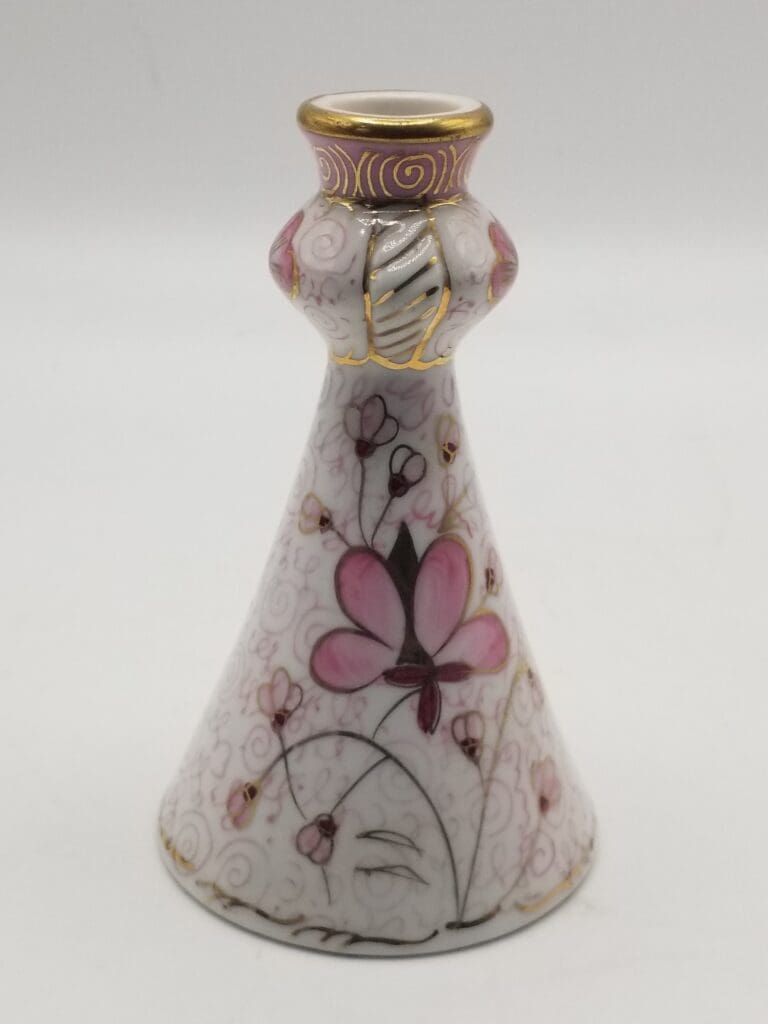 Vintage Thai Hand-Painted Ceramic Flower Vase, Pink Roses, Gold Accent