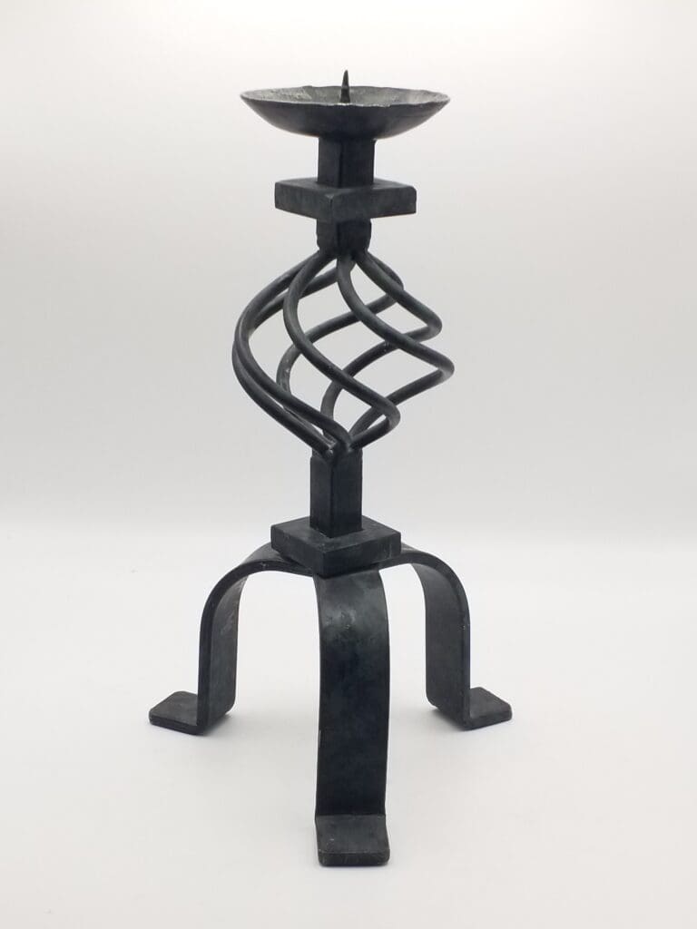 Vintage Twisting Wrought Iron Footed Candle Holder, Metal, With Black & Verdi Gris Finish