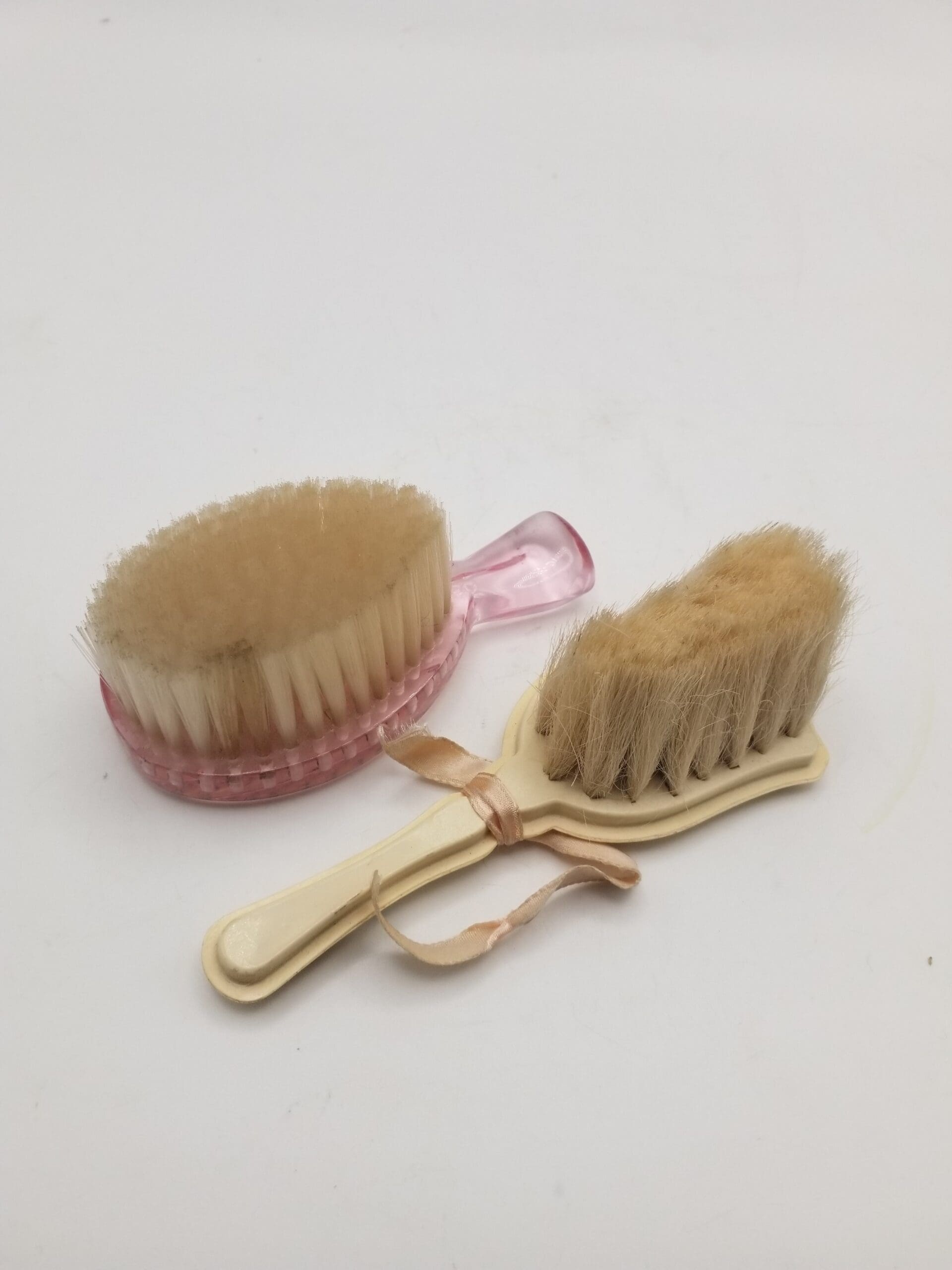 Pair of Vintage Baby Brushes, Translucent Pink & Yellow Celluloid with Satin Ribbon and Hand-Painted Design - As-Is - Image 3