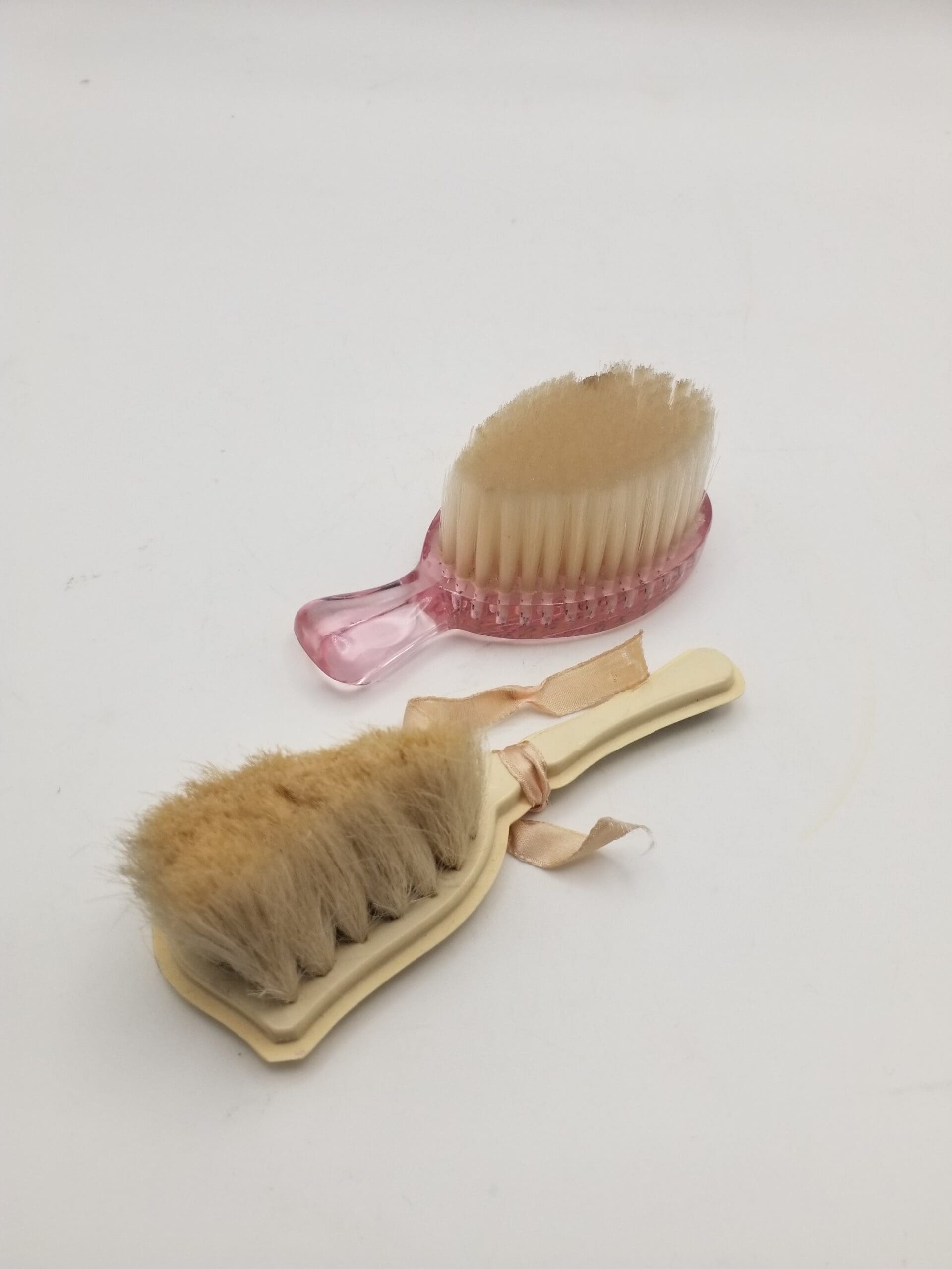 Pair of Vintage Baby Brushes, Translucent Pink & Yellow Celluloid with Satin Ribbon and Hand-Painted Design - As-Is - Image 4