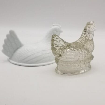 Pair of Vintage Hen On Nest Candy Dish Lids - Milk Glass & Clear Glass