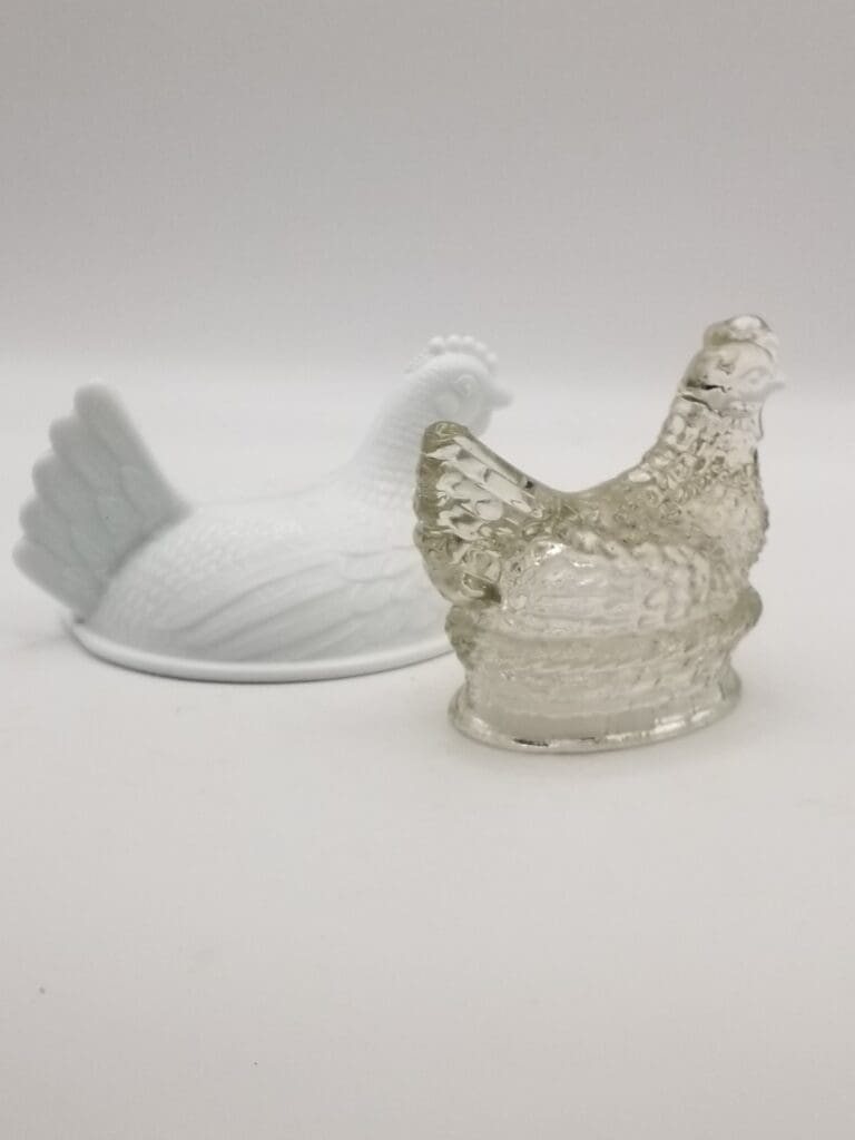 Pair of Vintage Hen On Nest Candy Dish Lids - Milk Glass & Clear Glass