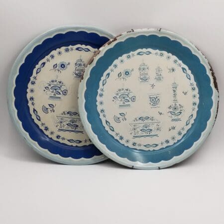 Pair of Oversized Vintage Blue Folk Art Metal Trays 19" Diameter Coffee Tea BBQ 1950s Dark Blend Light Blue White