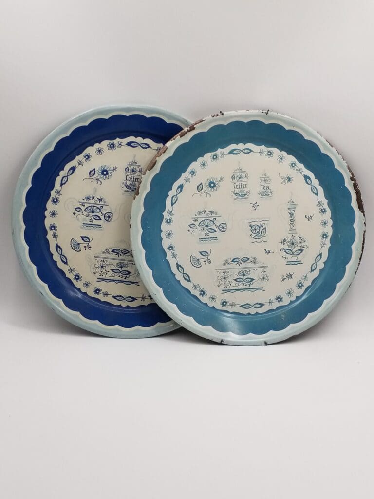 Pair of Oversized Vintage Blue Folk Art Metal Trays 19" Diameter Coffee Tea BBQ 1950s Dark Blend Light Blue White